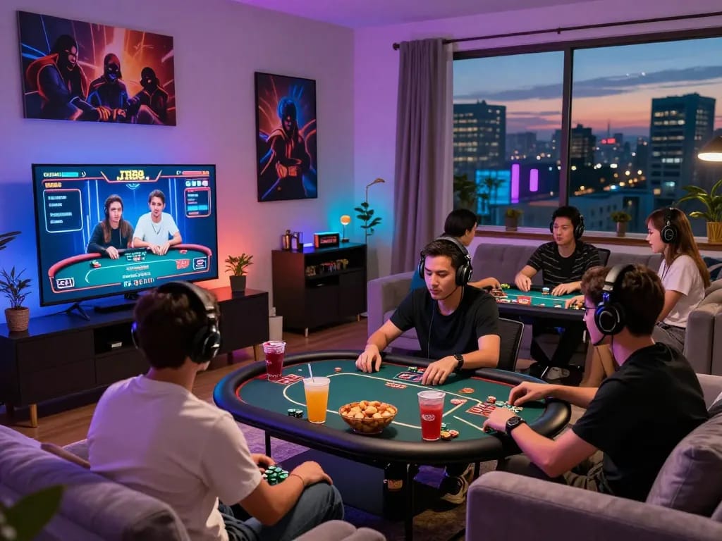 Engaging online gaming scene showcasing TR88 poker tournament with friends, modern home setup.