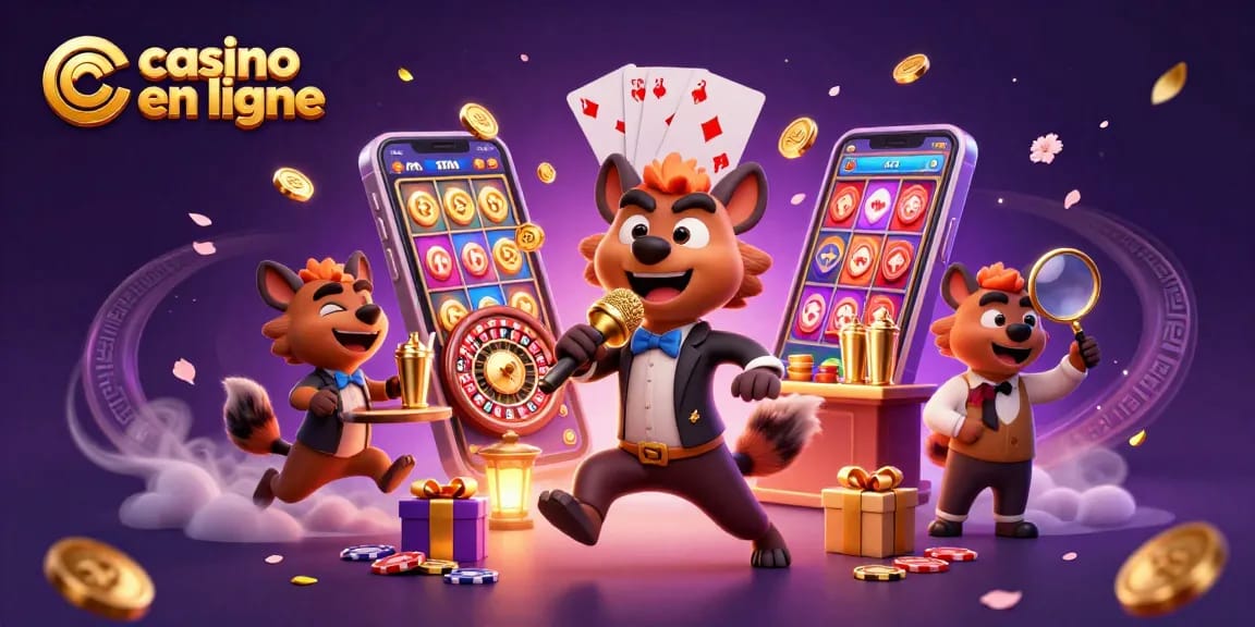 Photographie d'un casino en ligne animé avec des hyènes en train de faire des cocktails et des blagues.