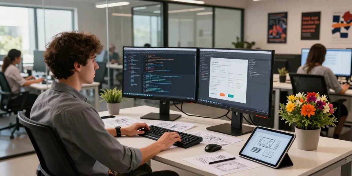 Efficient screenshot software download with a developer working at a modern desk, showcasing productivity and innovation.
