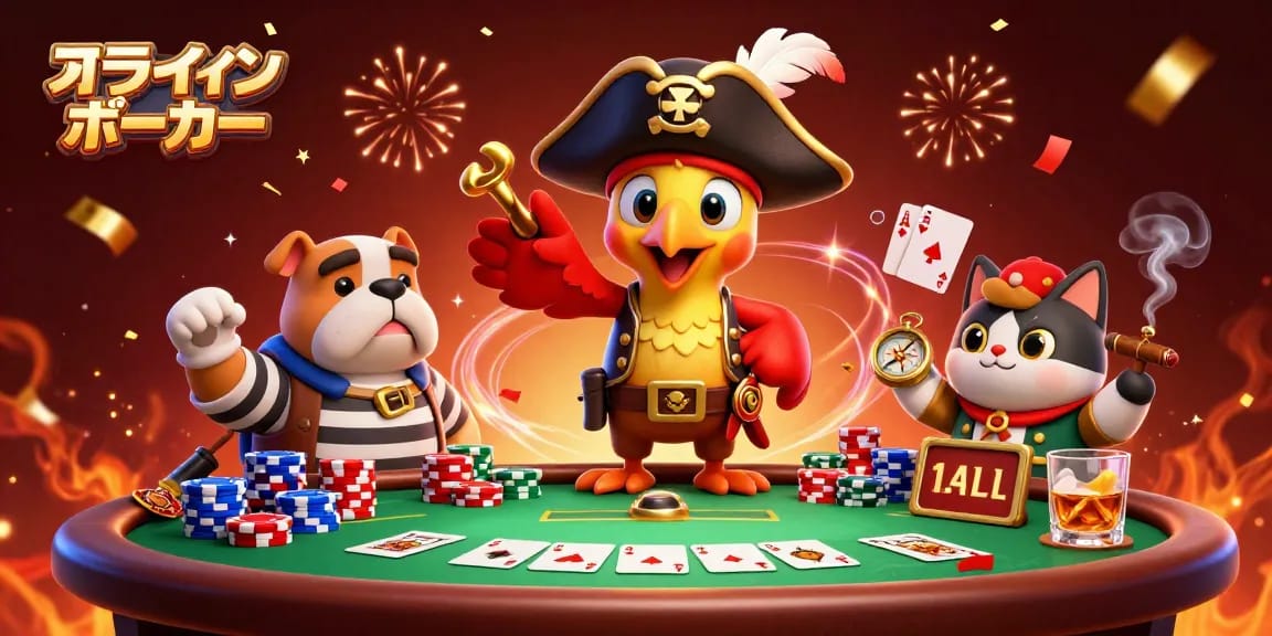 オンラインポーカーでの勝利を目指すキャラクターたちが活躍するイラスト