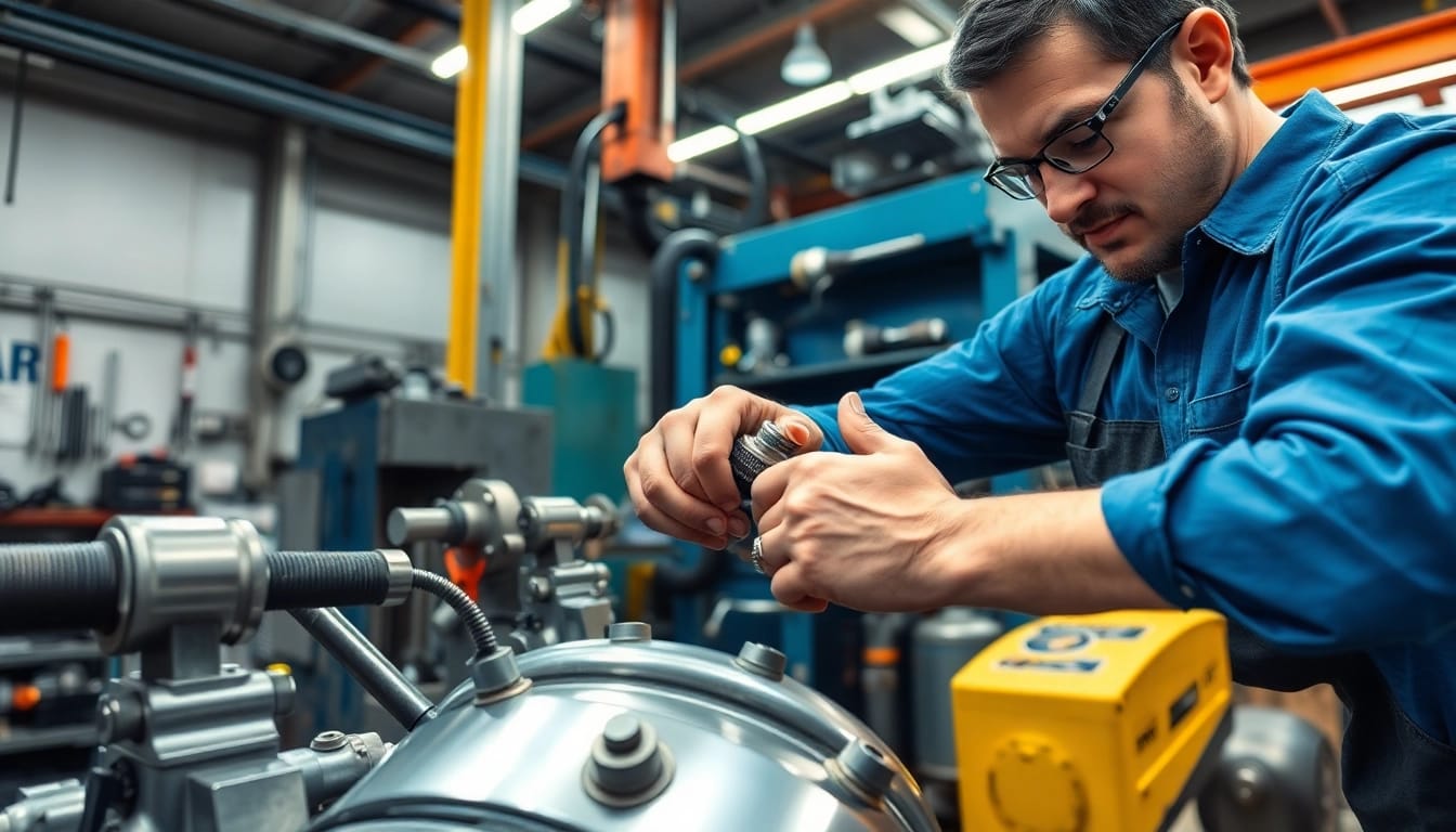 Technician performing hydraulic repair services on industrial equipment, showcasing expertise and attention to detail.