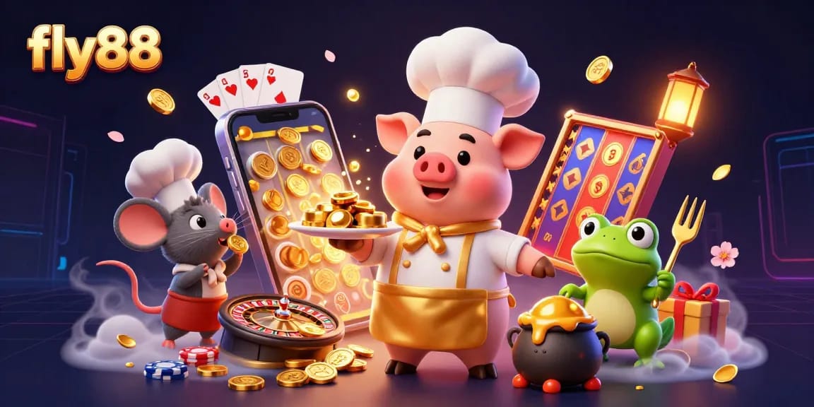 Experience the thrill of fly88 with a vibrant 3D illustration featuring a chef pig, sous-chef mouse, and critic frog in an energetic casino scene.
