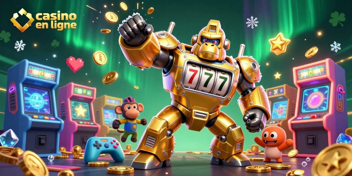 Jouant au casino en ligne, un gorille mech transforme des pièces en or avec des éléments de jeu interactifs.