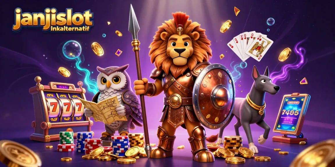 Engage with janjislot link alternatif in an ultra-detailed casino scene showcasing thrilling game elements and characters.