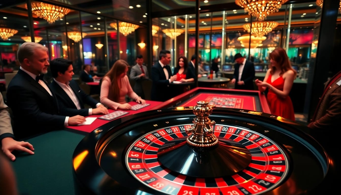 Mainkan ondel4d di meja roulette dengan suasana kasino yang meriah dan pemain terlibat.