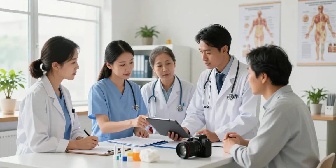 Team of healthcare professionals at https://factors.org.uk discussing patient care in a bright clinical office.