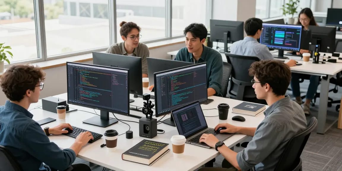 Developers collaborating in a bright office setting while showcasing the 纸飞机中文版官网 interface, emphasizing productivity and innovation.
