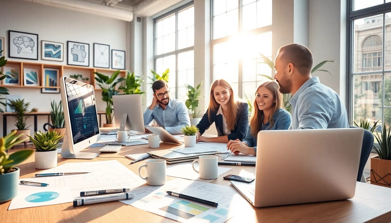 Visualize a team working on website design essex projects in a bright, modern office.