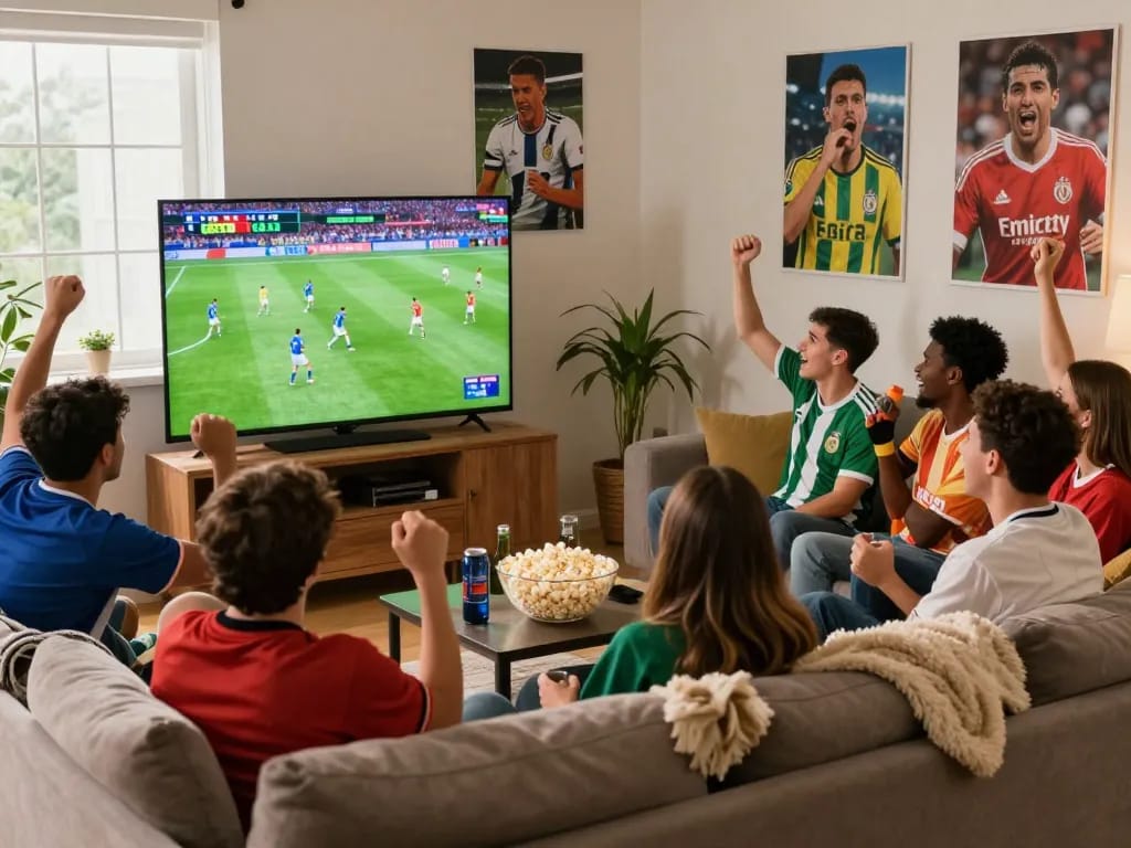 Exciting football viewing moment at https://cakhiatv.design/ with friends cheering and enjoying snacks.