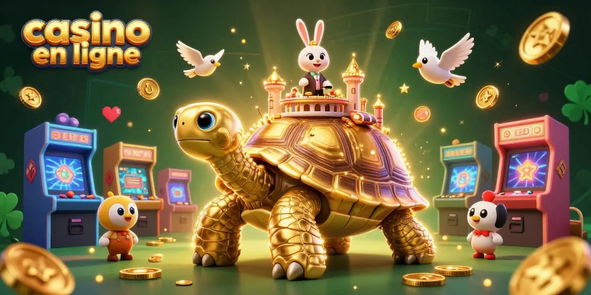 Jouez sur casino en ligne avec un magnifique palais sur une tortue dorée, des pièces volantes et un croupier en direct.