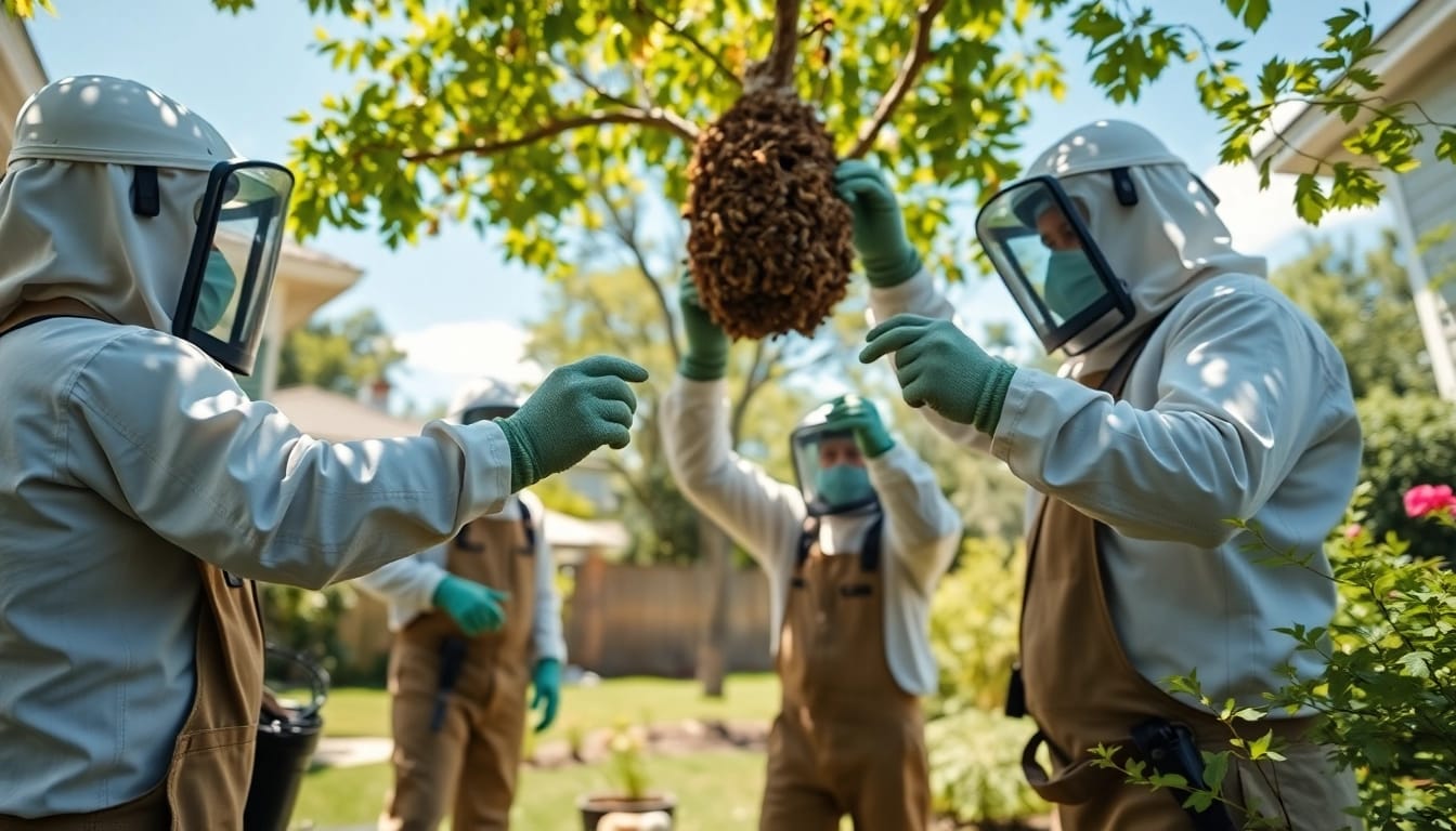Expert team performing a bee removal service from a tree, ensuring safe extraction and relocation.