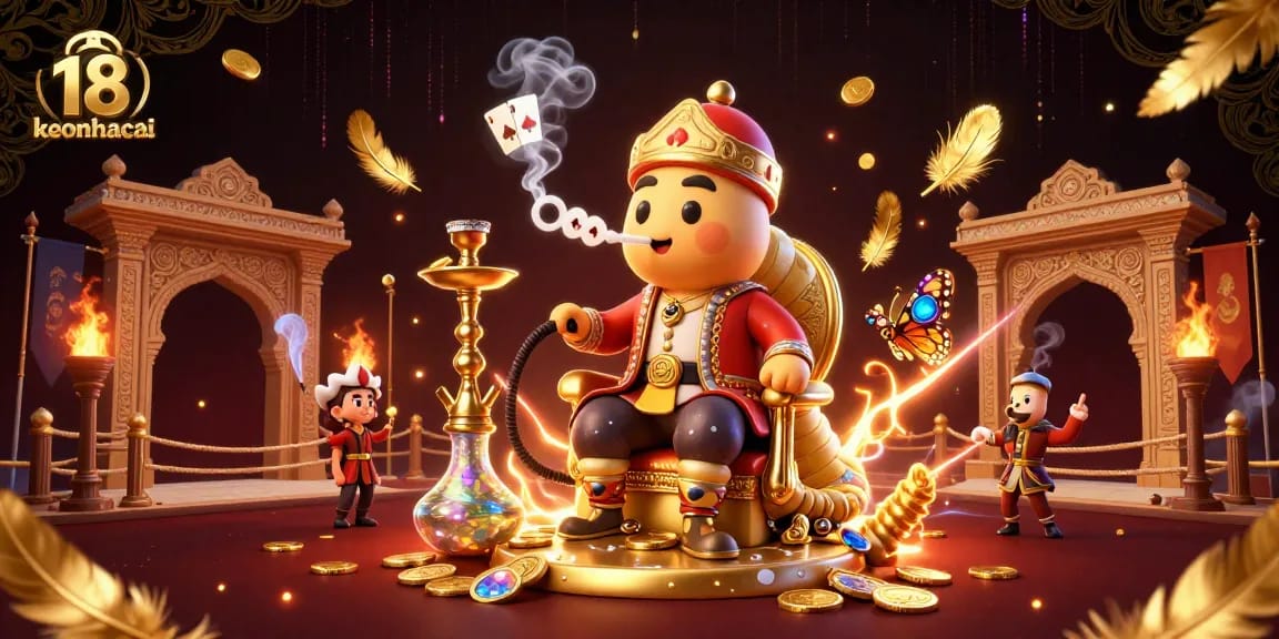 Experience keonhacai 18 with a captivating scene of a caterpillar hookah master and poker symbols.