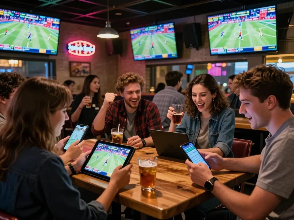 Patrons enjoying sports betting excitement at the bar with 98win98 app on tablets.