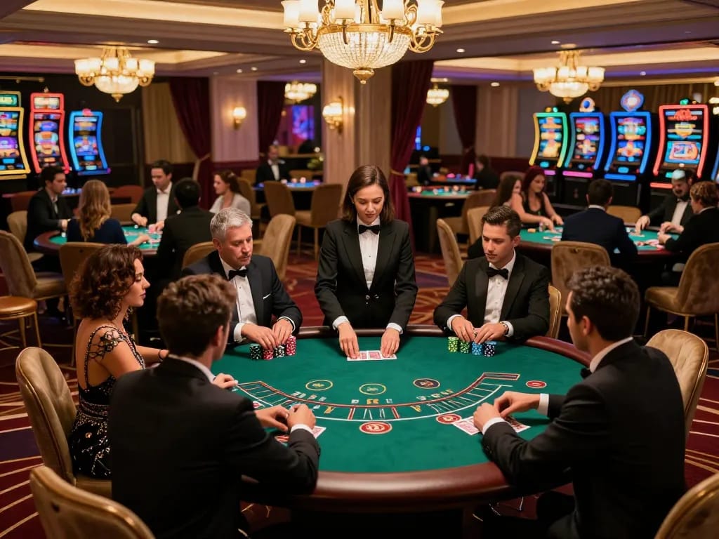 Players enjoying sun win blackjack at a luxurious casino table with a stylish dealer and vibrant atmosphere.