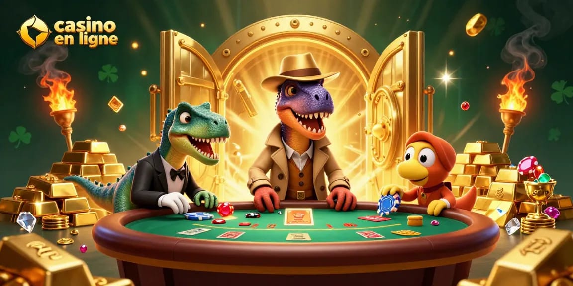 Jouez à un casino en ligne avec un vélociraptor comptant des cartes dans une scène brillante et animée.