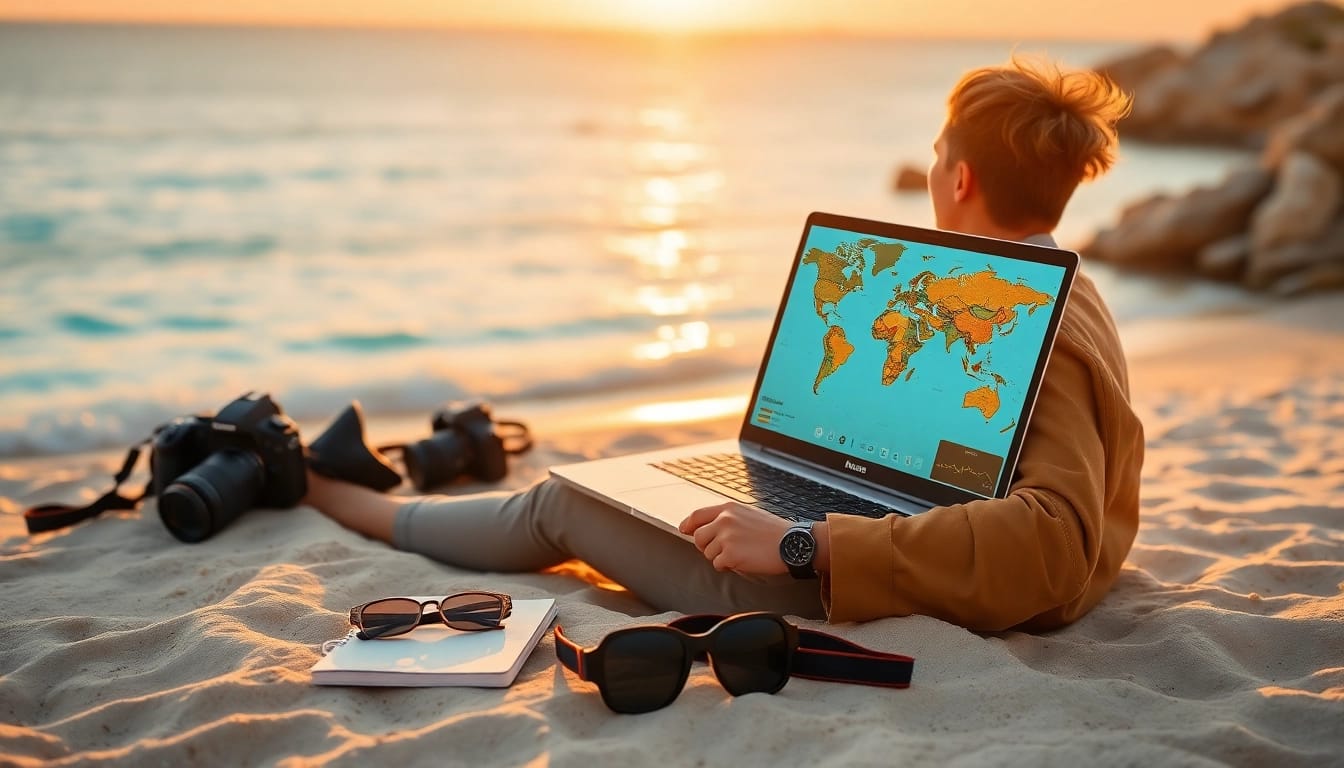 Capture your adventures with https://travelvixta.com, featuring a travel blogger at a stunning beach setting.