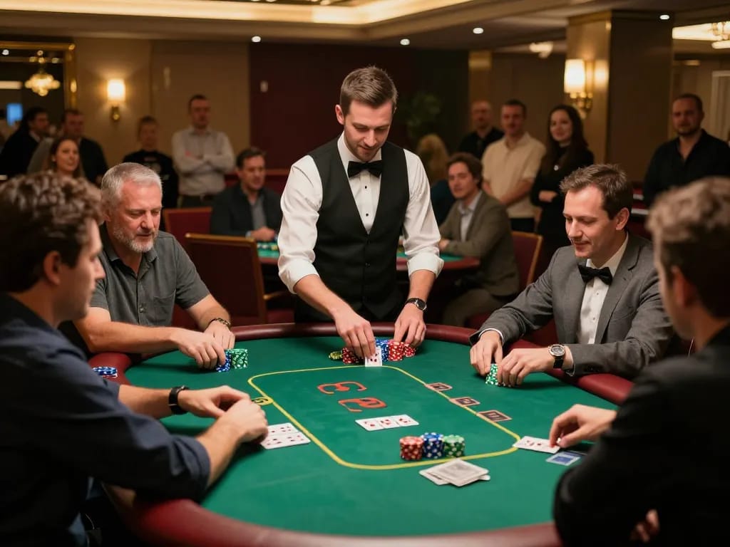 EE88 players strategizing during an intense poker game in a luxurious casino setting.