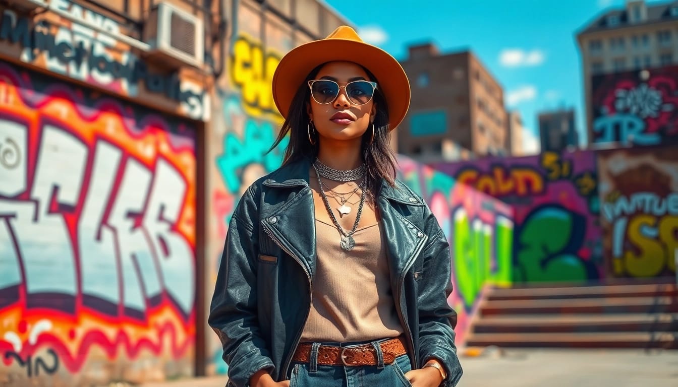 Fashion model displaying contemporary trends in an urban setting with vibrant graffiti.
