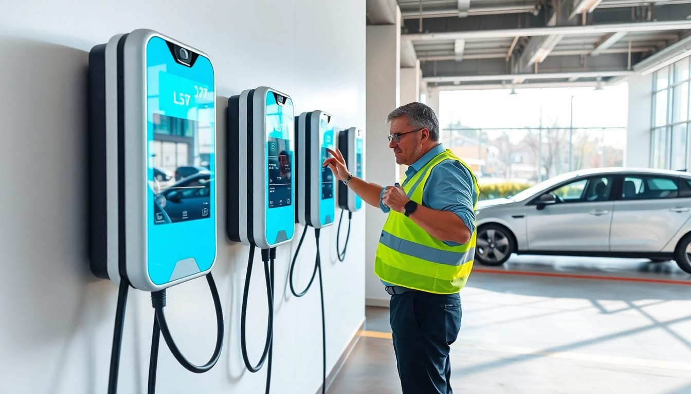 EV Charging Installation showcased with a skilled technician setting up a modern charging station.