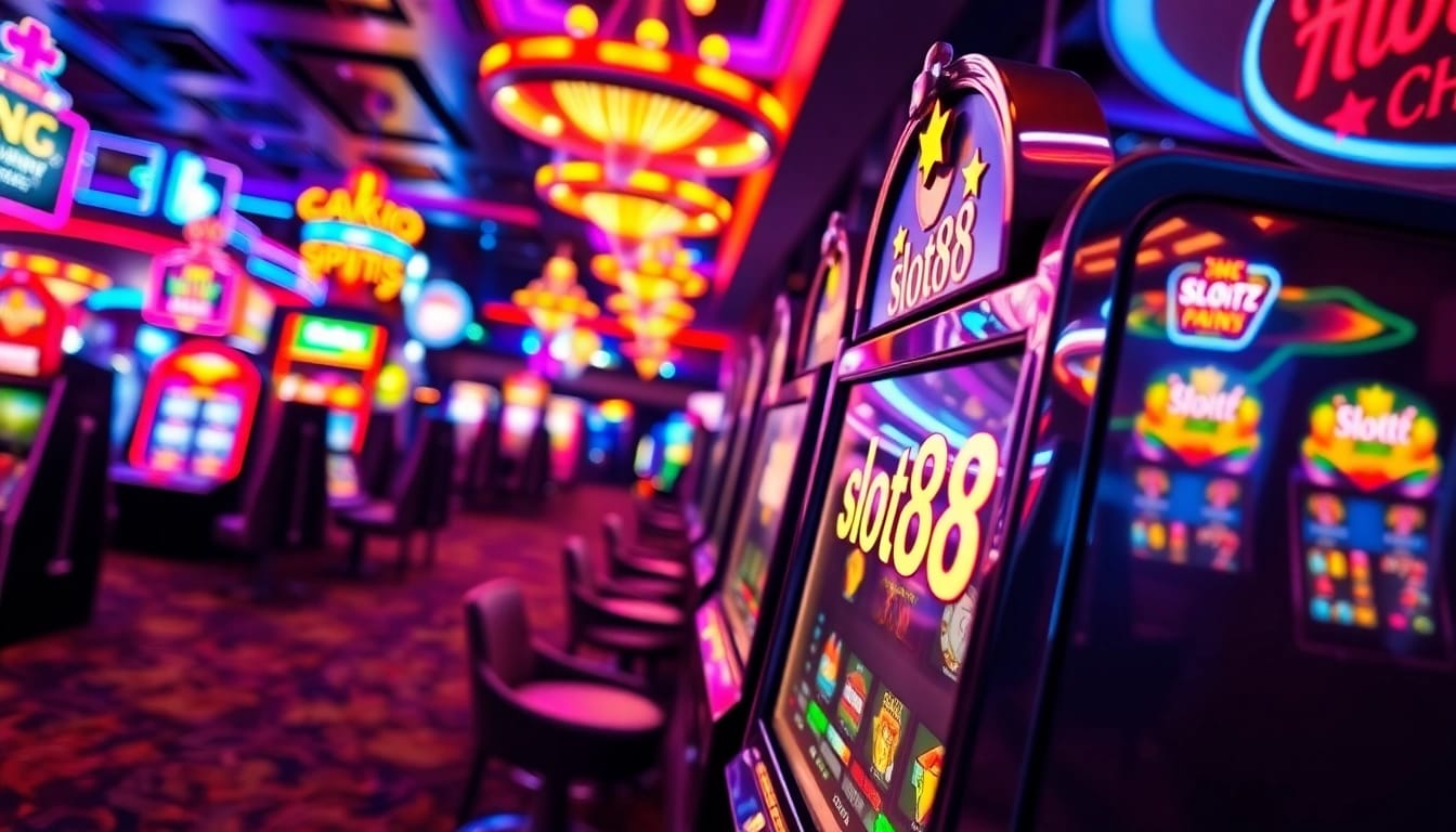 Menampilkan slot88 pada mesin slot di kasino yang ramai dengan lampu neon cerah.