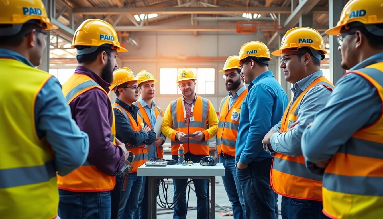 Construction safety training with professionals engaged in hands-on learning and safety equipment.
