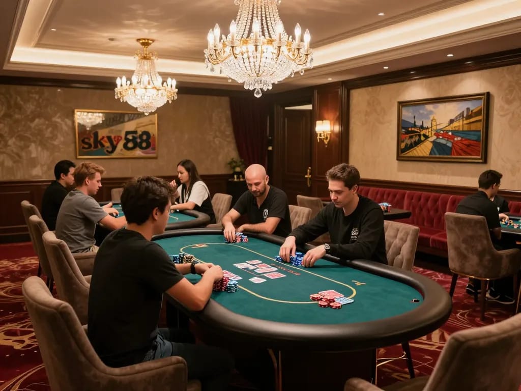 Intense poker game at the sky88 club's luxurious VIP table, showcasing chips and cards.