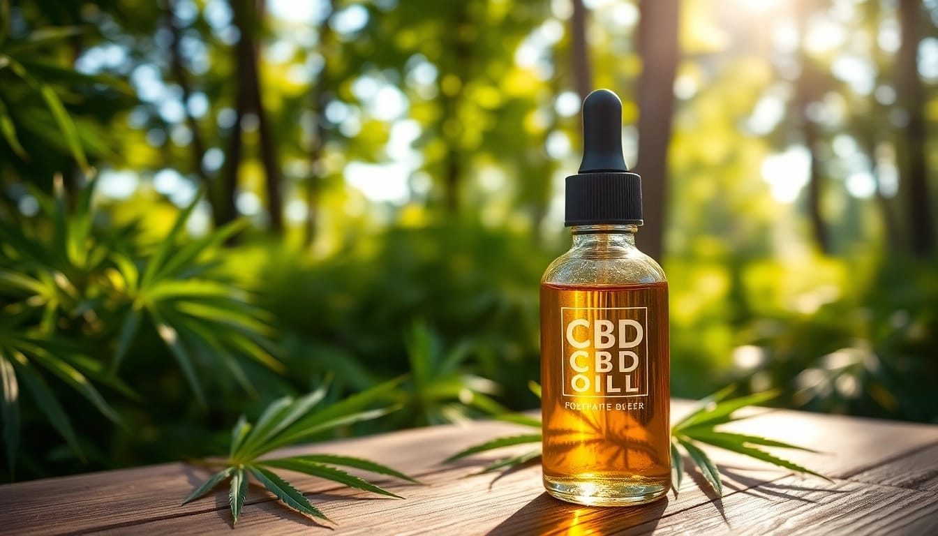 Oppdag CBD olje i en naturlig setting med ferske hampblader og mykt lys.