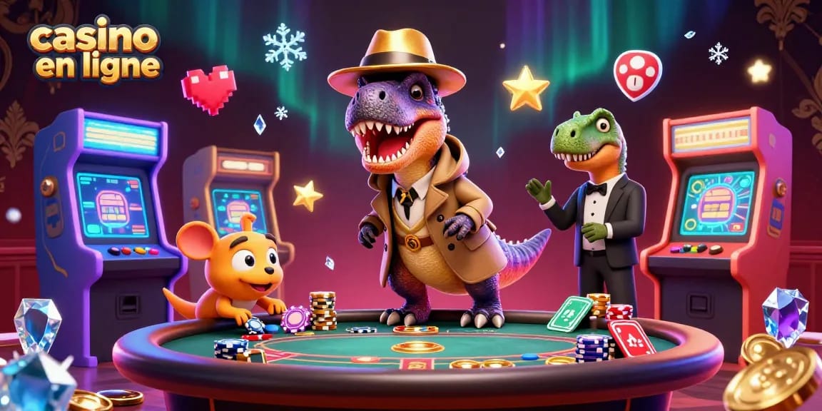 Visuel illustrant le casino en ligne avec un velociraptor tentant de tricher à la table de blackjack sous le regard méfiant d'un stegosaurus.