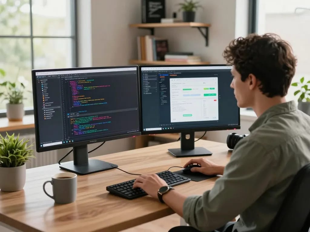 Dynamic workspace with a developer coding on dual monitors showcasing the innovative molt bot.