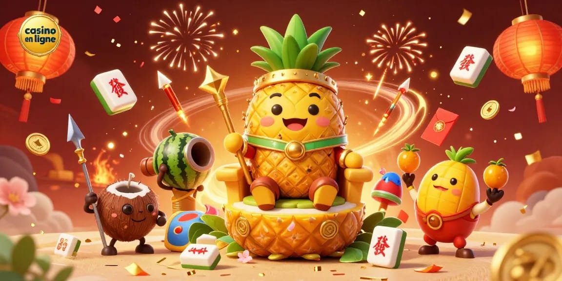 Casino en ligne - Illustration 3D festive avec un roi ananas, gardes et un bouffon dans un casino tropical.