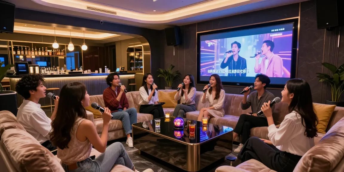 강남 가라오케에서 친구들과 즐거운 시간을 보내는 모습과 고급스러운 인테리어