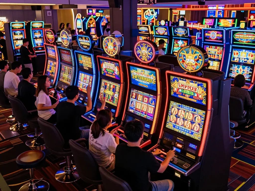 Players enjoying slot machines at a lively casino in Thailand, showcasing interactive gameplay.