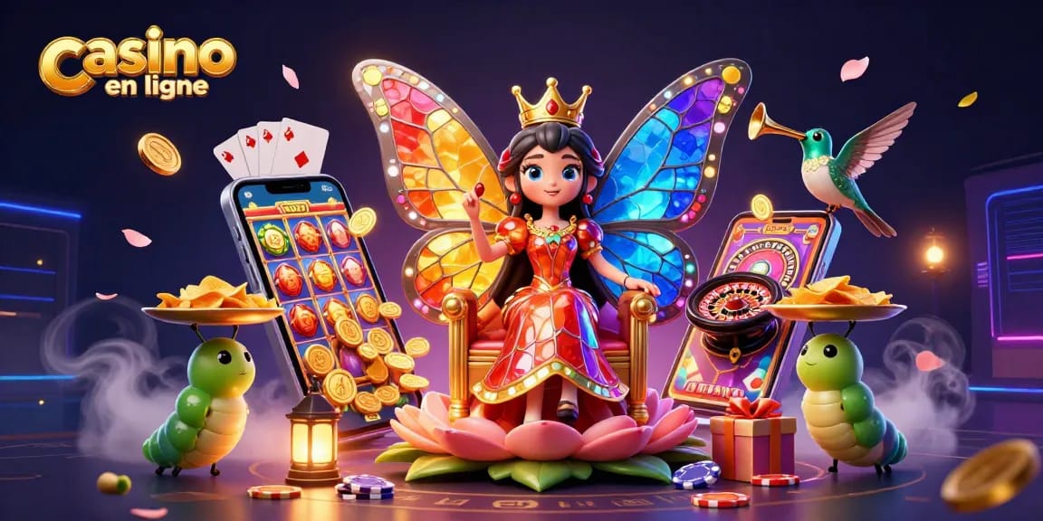 Une illustration imaginaire 3D représentant le concept de casino en ligne avec une reine papillon et des éléments de jeu.