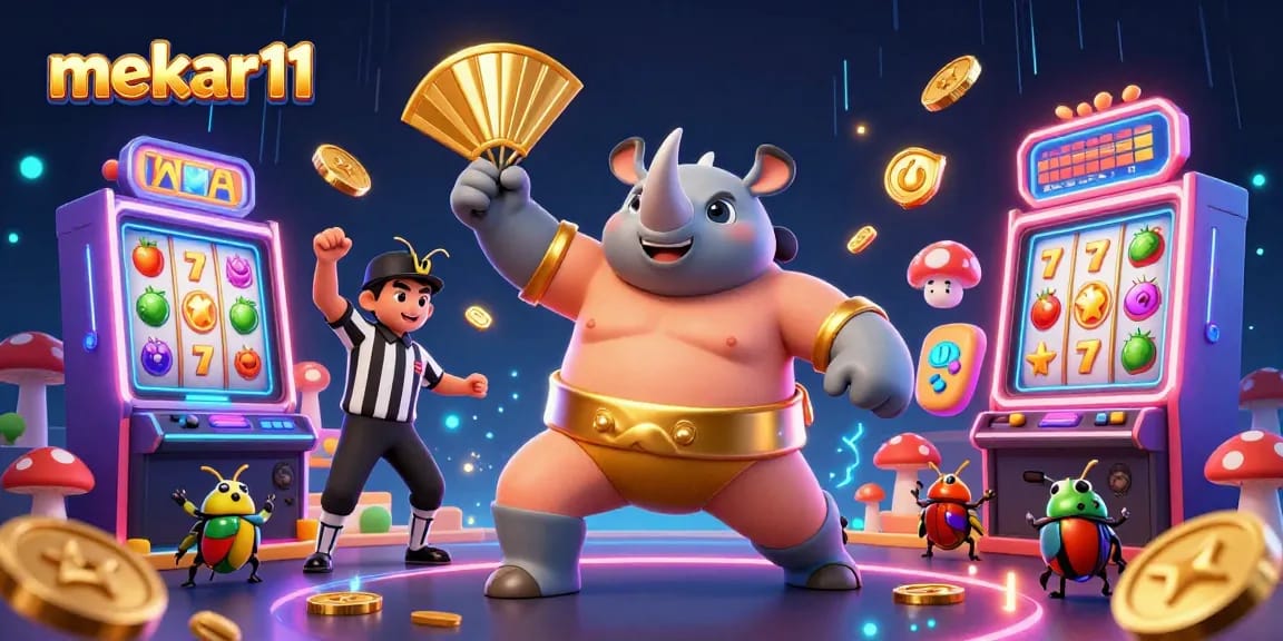 Play exciting slots at mekar11 with vibrant symbols and golden coins flying as the beetle champion celebrates.