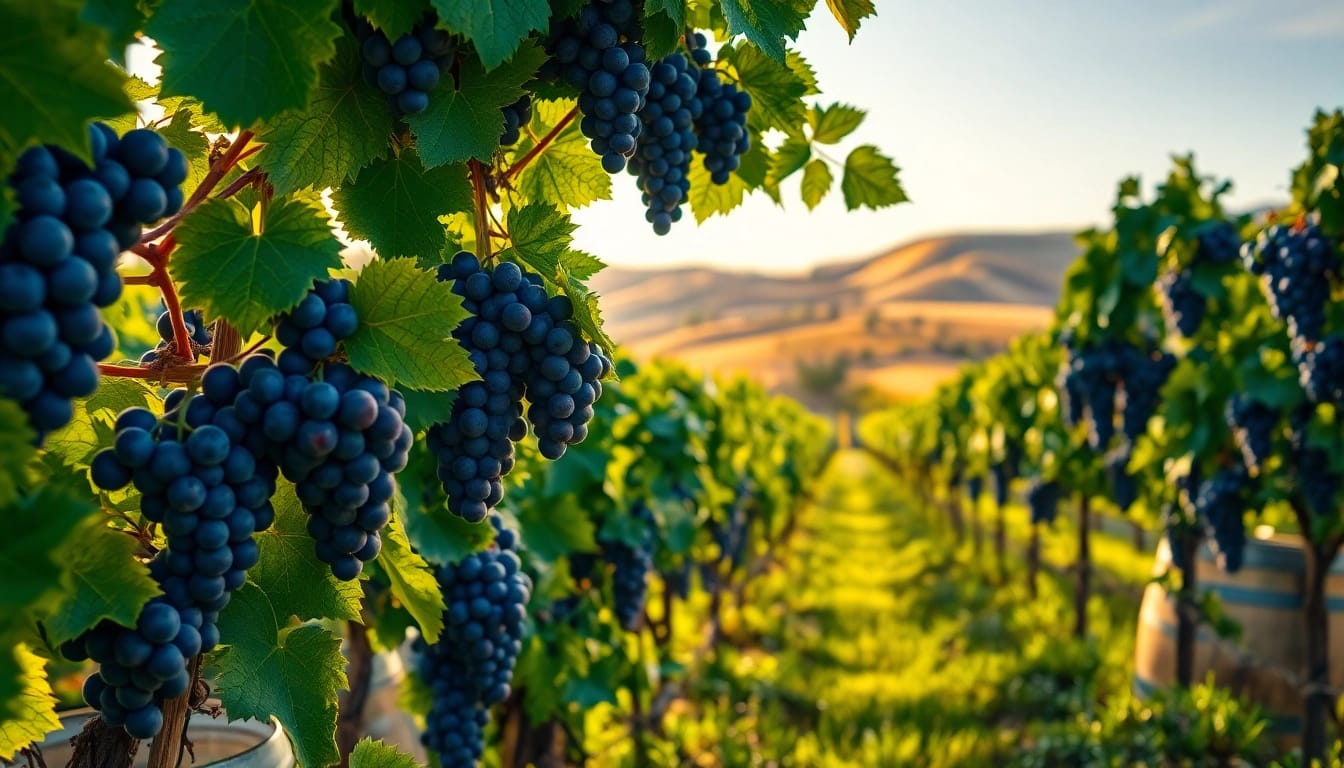 Enjoy Clarksburg wines with ripe grapes in a serene vineyard landscape.