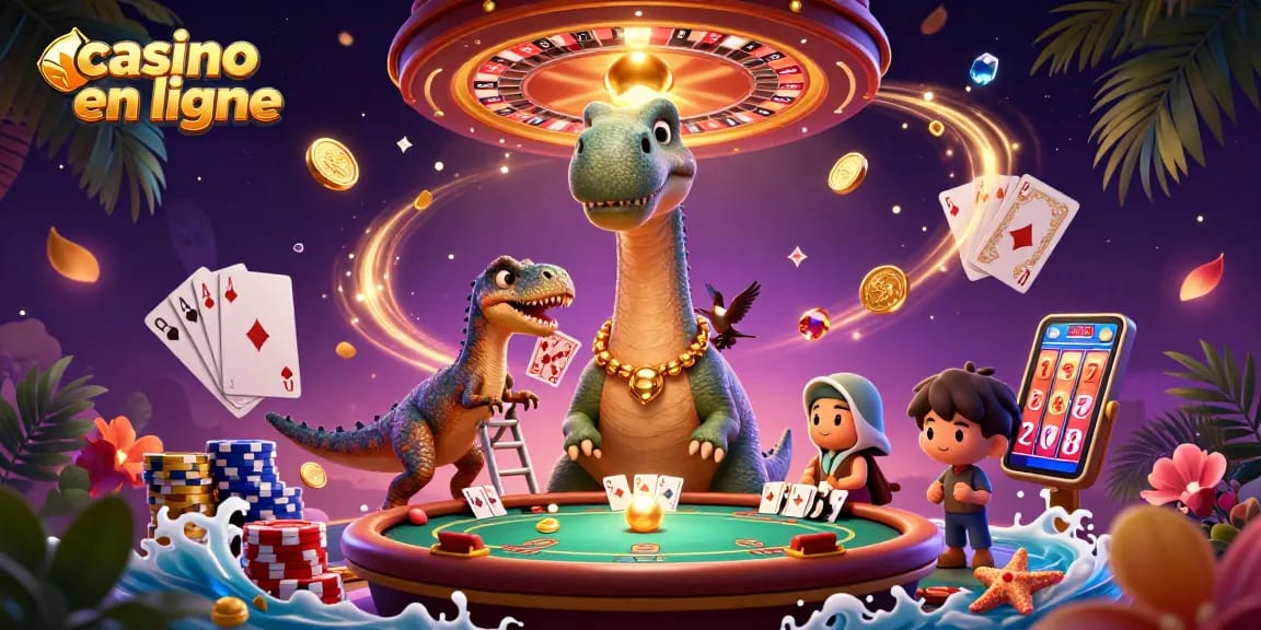 Illustration dynamique d'une scène de casino en ligne avec des personnages animés et des éléments de jeu captivants.