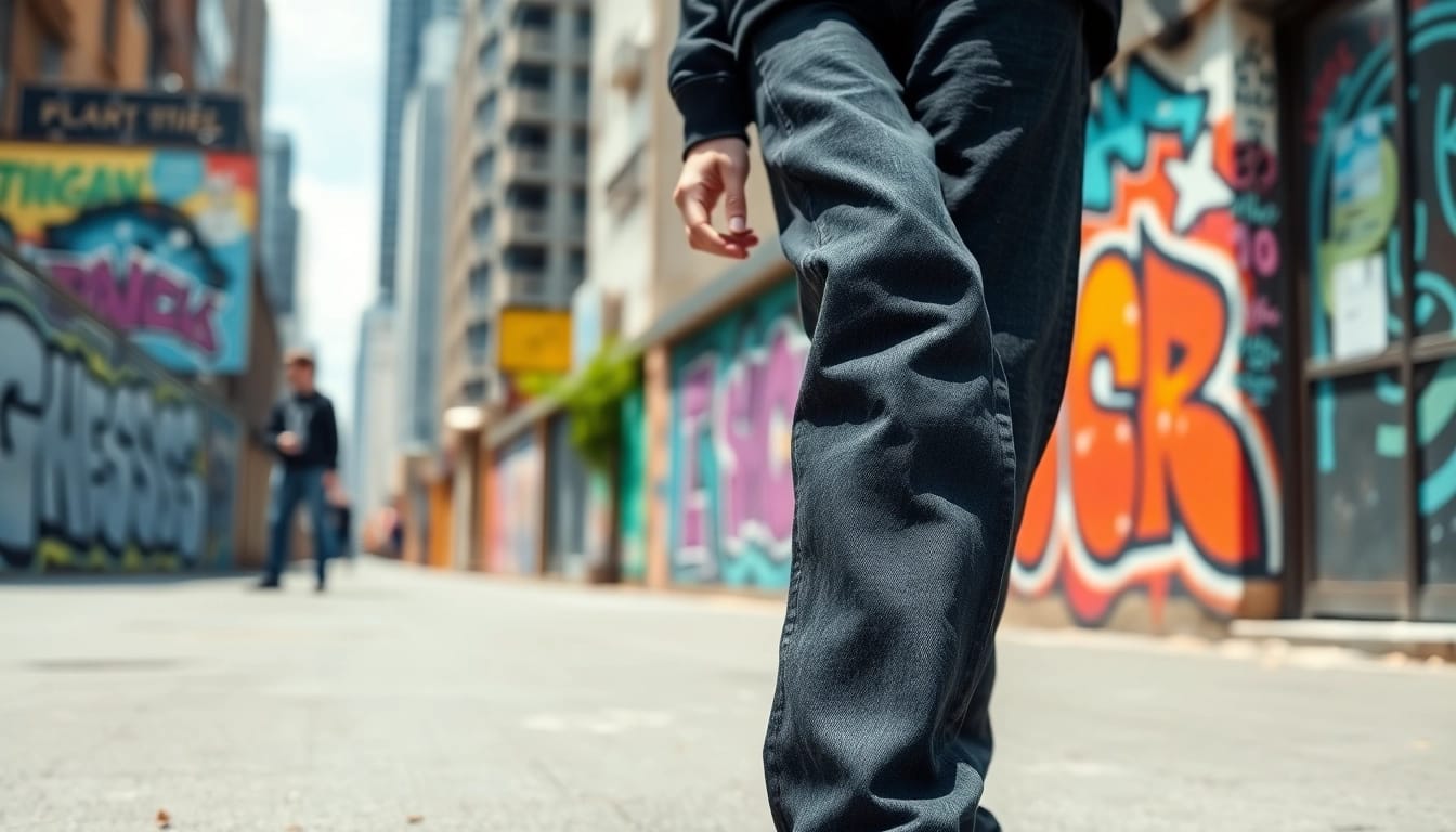 Model flaunting baggy black jeans in a vibrant urban setting, showcasing style and confidence.