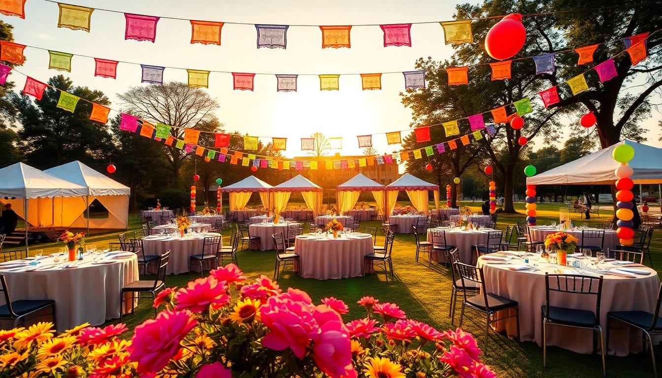 Elegant outdoor party rentals near me showcasing colorful decorations and vibrant setups.