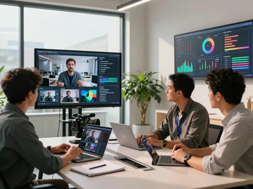 Team analyzing video to prompt AI results in modern workspace.