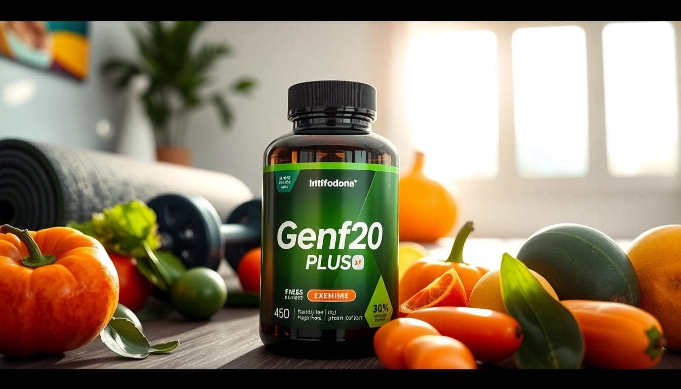 Showcasing Genf20 Plus among fresh fruits in a vibrant fitness setting promoting a healthy lifestyle.