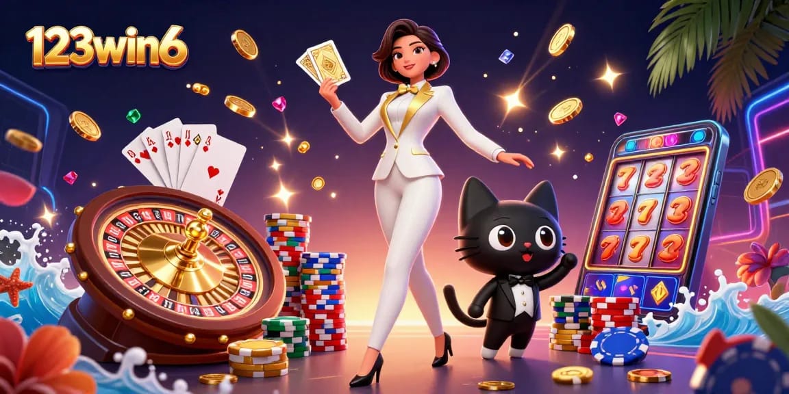 Experience the exciting world of 123win6 with glamorous casino gameplay showcasing a stunning woman, poker chips, and golden coins.