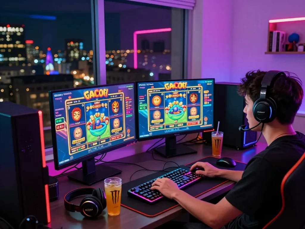 Suasana permainan yang menarik dengan pemain terlibat dalam slot gacor hari ini di beberapa monitor, mencerminkan atmosfer perjudian online yang hidup.