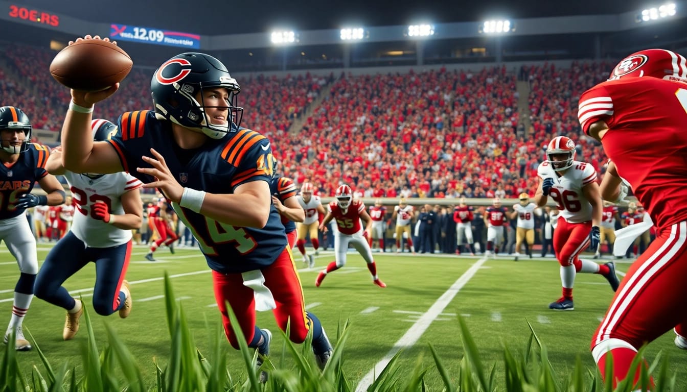 Bears vs 49ers football players showcasing dynamic gameplay in an energetic stadium.