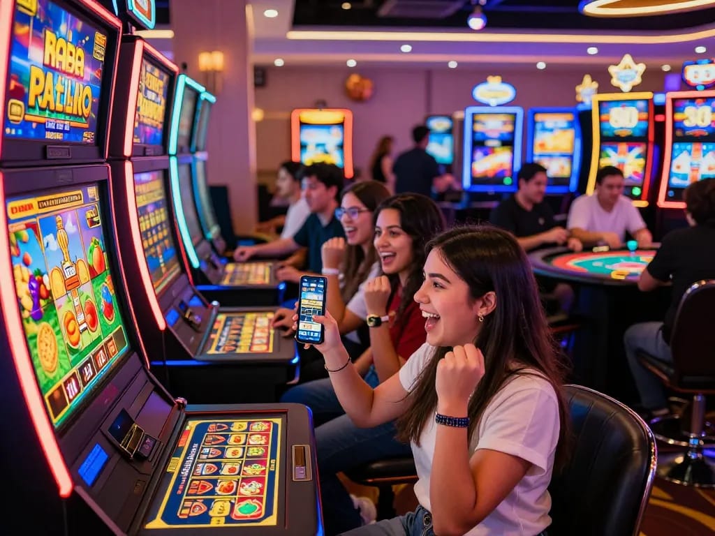 Pemain yang bersemangat merayakan kemenangan di mesin slot situs dalam suasana kasino yang penuh warna.