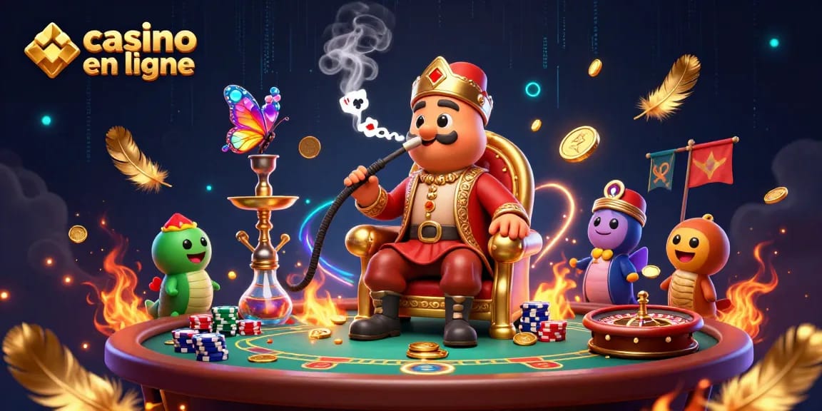 Profitez du casino en ligne avec cette illustration captivante, mettant en scène des éléments de poker et de roulette.