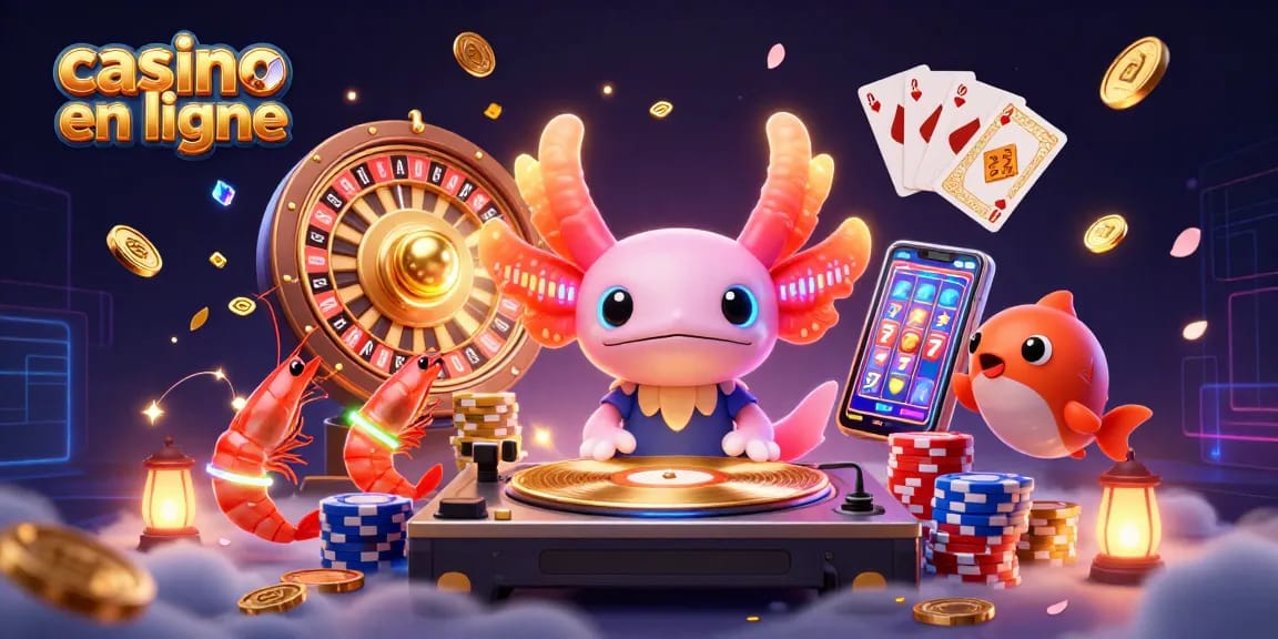 Plongez dans le monde captivant du casino en ligne avec cette illustration colorée et festive.