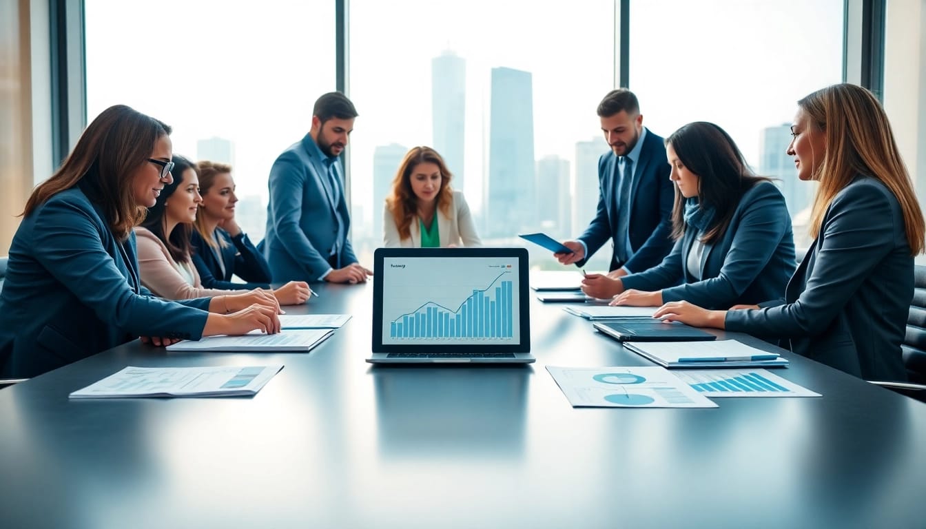 Team discussing legacy bridge financial strategies in a bright office environment.