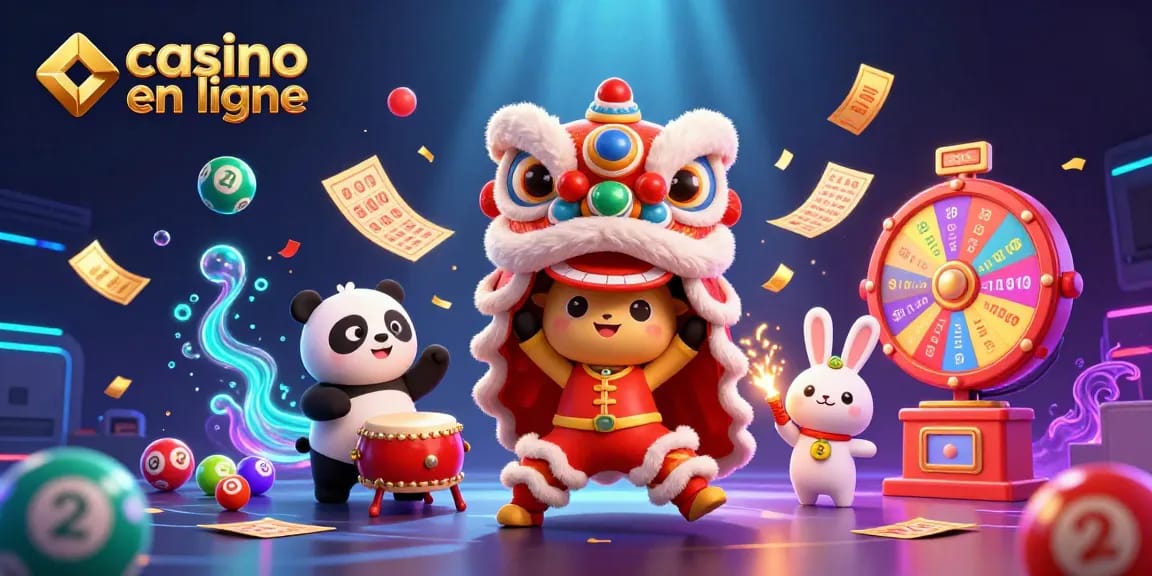 Le casino en ligne illumine la scène avec des personnages de danse lion divertissants et des jeux dynamiques en arrière-plan.