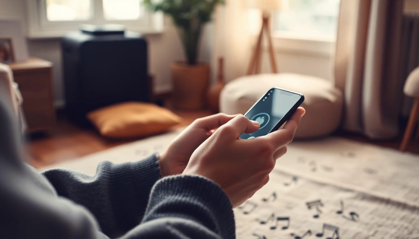 Discover MP3 download options while exploring a cozy atmosphere with a smartphone user.