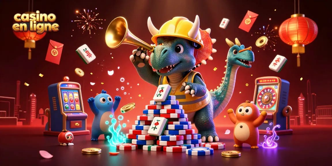 Casino en ligne : Un triceratops construit une pyramide de jetons sous un feu d'artifice dans un décor vivant.